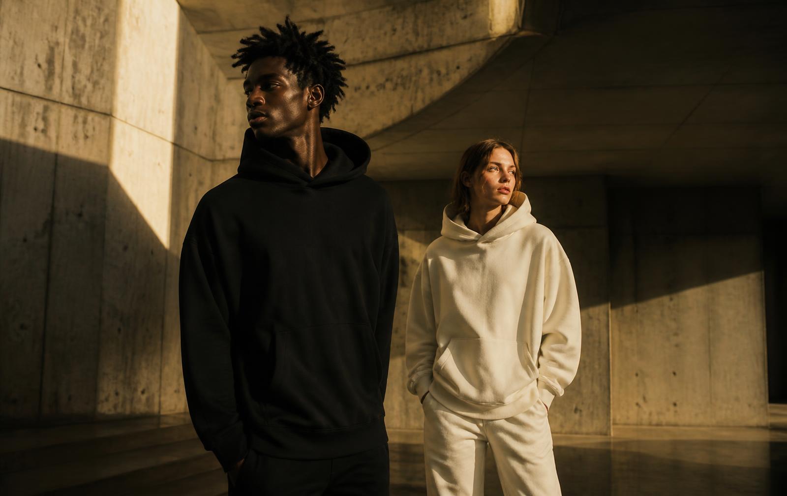 Two models in Ryvora black and bone hoodies in a concrete interior